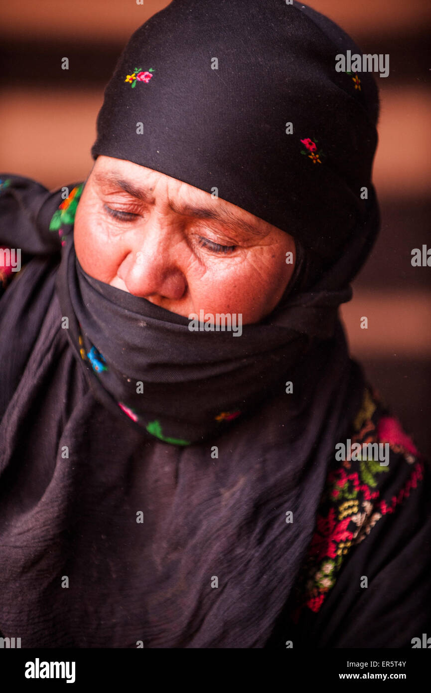 Close-up of a Bedouin woman, Wadi Rum, Jordan, Middle East Stock Photo