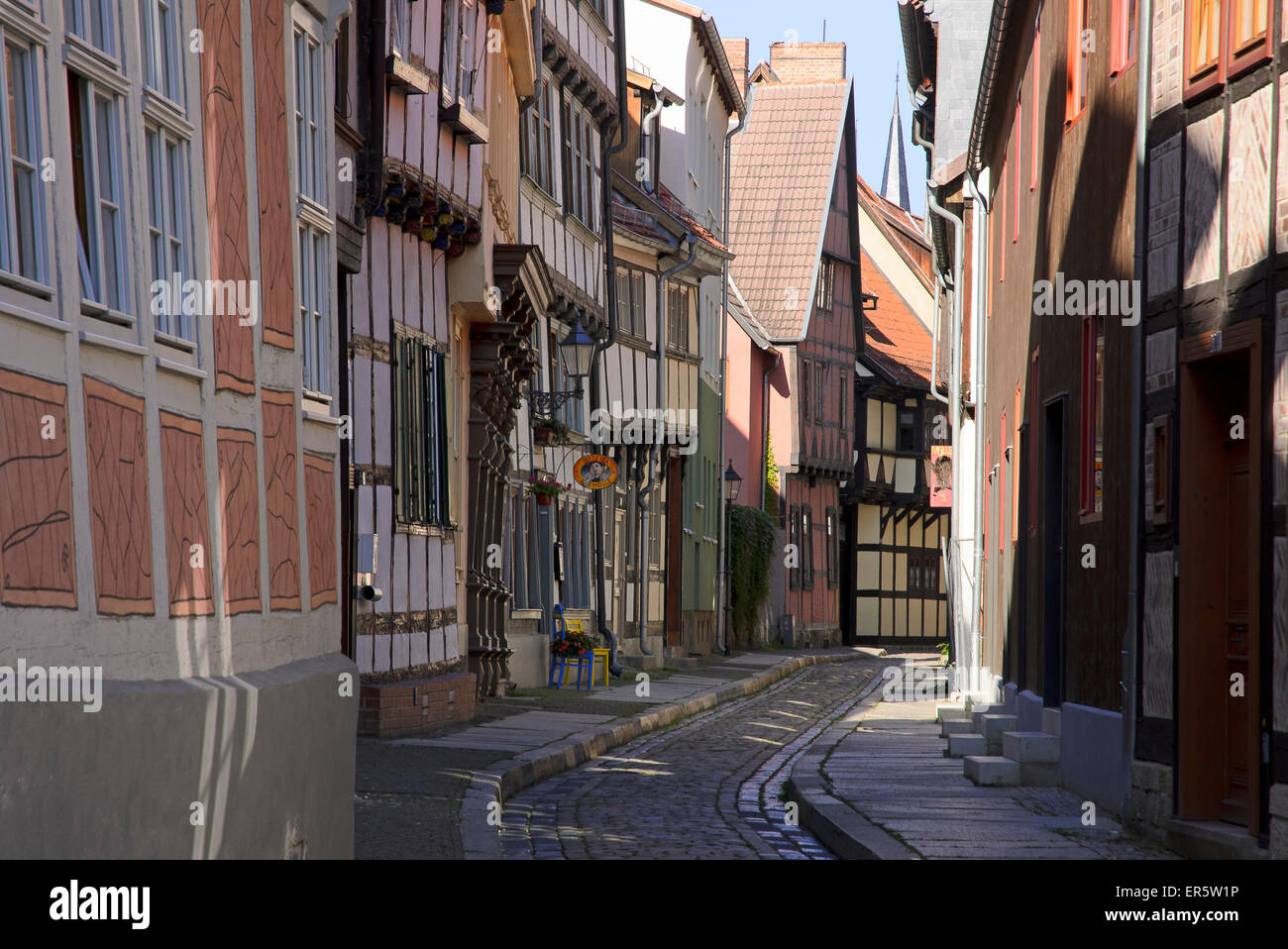 Half-timbered houses in an alley in the historic town of Quedlinburg, Harz, Saxony-Anhalt, Germany, Europe Stock Photo