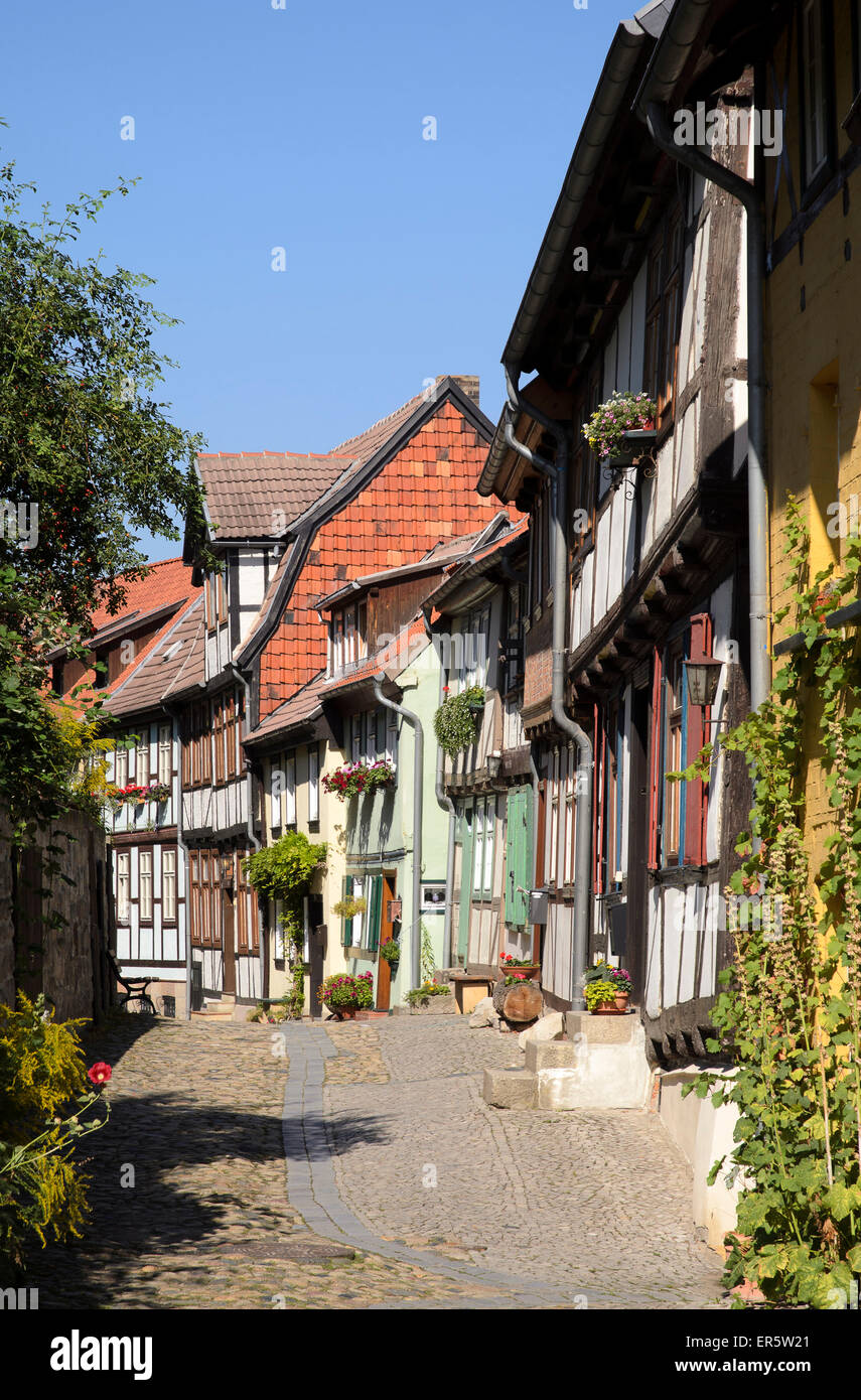 Half-timbered houses in an alley on Schlossberg Quedlinburg, beneath the castle and Collegiate Church of St Servatius, Quedlinbu Stock Photo