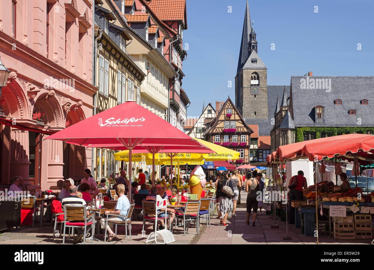 Market square in Quedlinburg, Harz, Saxony-Anhalt, Germany, Europe Stock Photo