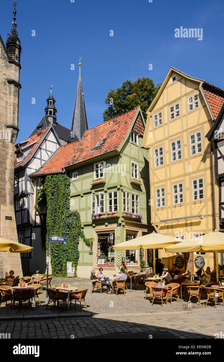Half-timbered houses and Cafe at Hoken, Quedlinburg, Harz, Saxony-Anhalt, Germany, Europe Stock Photo