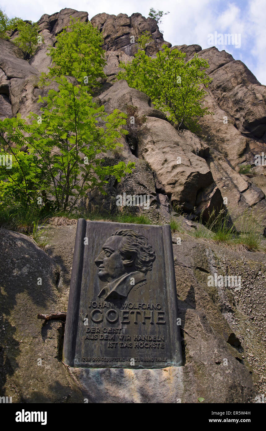 Goethe Rocks with inscript, Bode gorge near Thale, Harz, Saxony-Anhalt, Germany, Europe Stock Photo