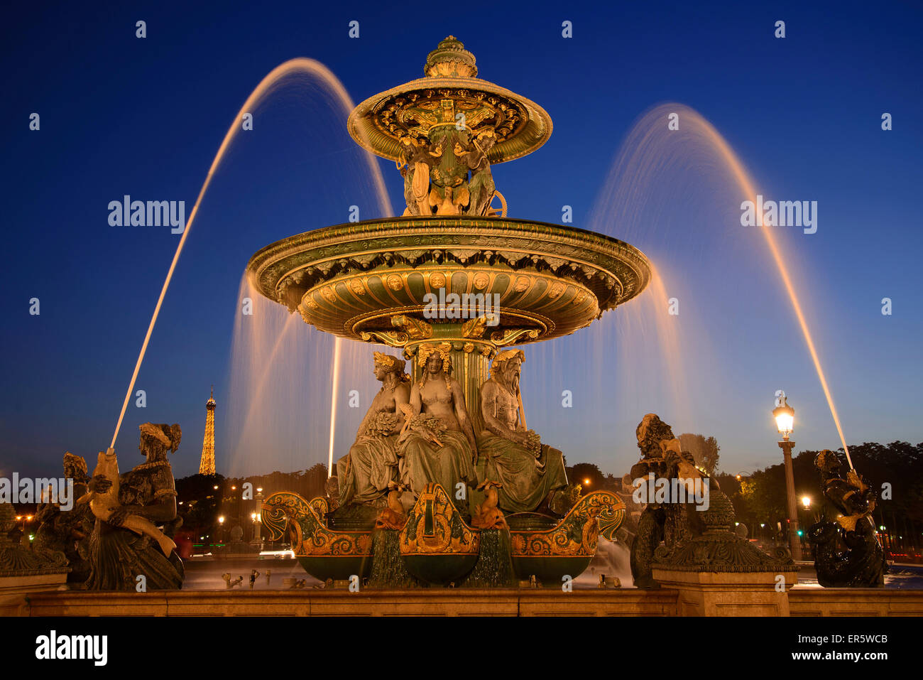 Place de la Concorde with fountain at night, Paris, France, Europe