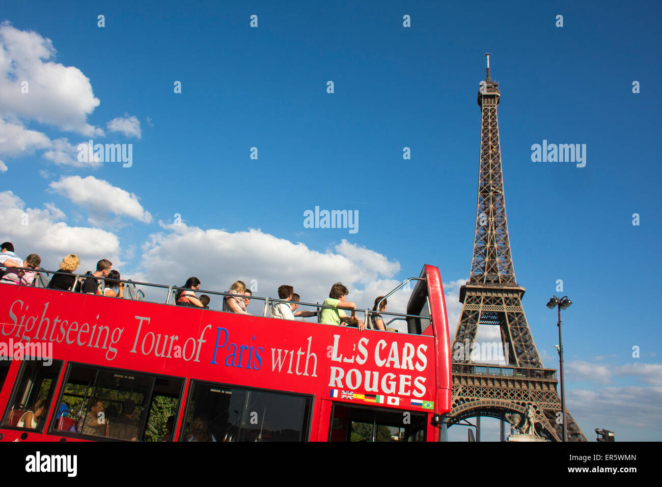 Sightseeing Bus near the Eiffel tower, Paris, France, Europe Stock Photo