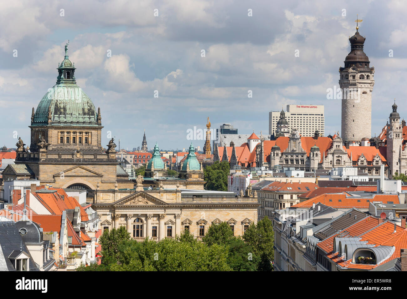 Cityscape with Federal Administrative Court and New Town Hall, Leipzig, Saxony, Germany Stock Photo