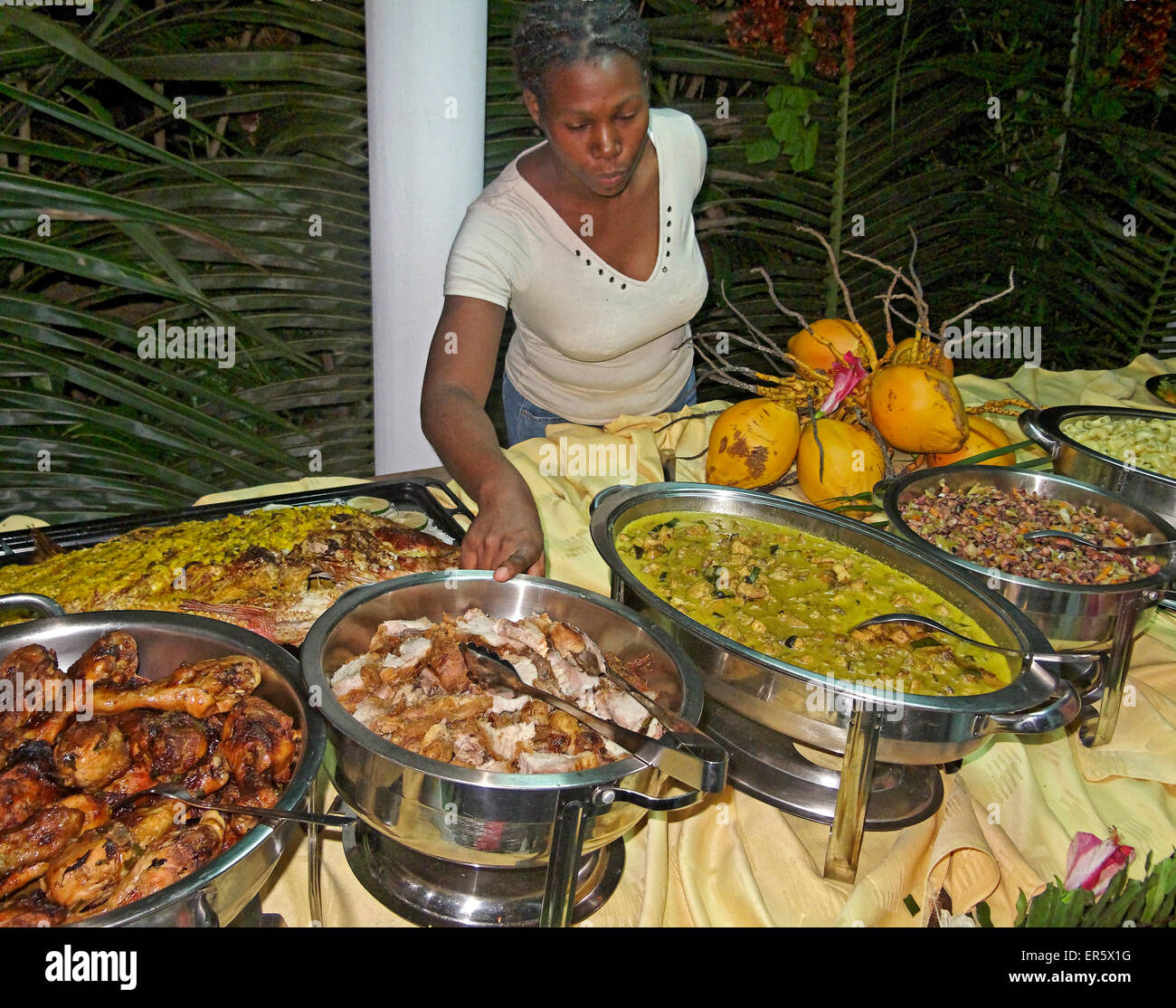 Buffet of local food specialities, La Digue, Seychelles, Indian Ocean Stock Photo