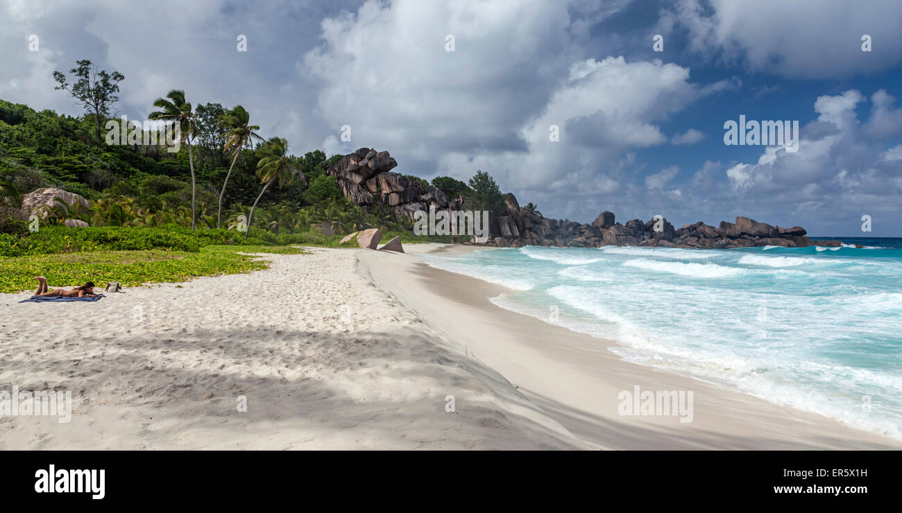 Grand Anse beach with strong currents on the East Coast, La Digue, Seychelles, Indian Ocean Stock Photo