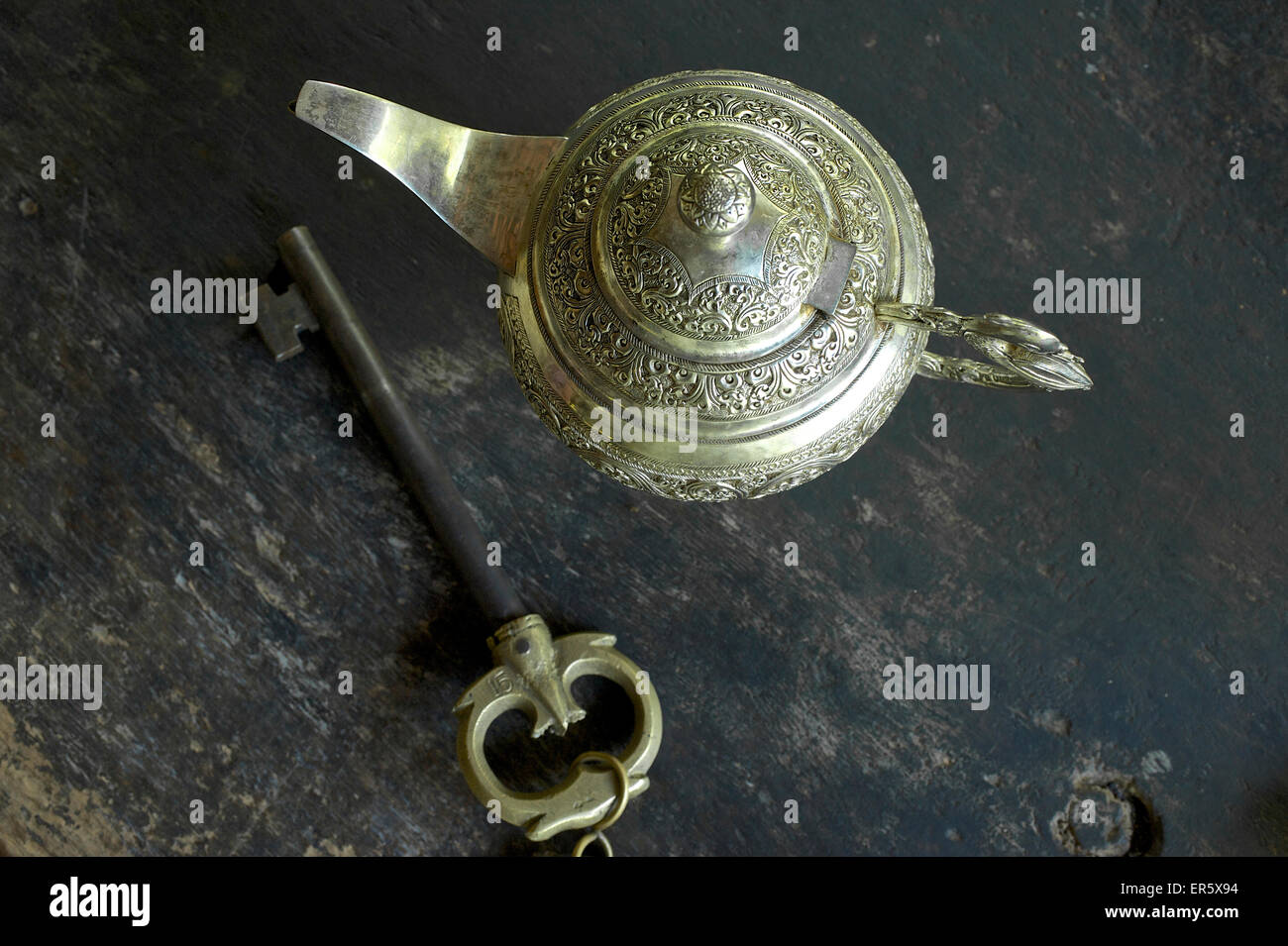 Tea Pot Key Ornate, silver coloured tea pot and huge room key at the Eco-Resort The ...