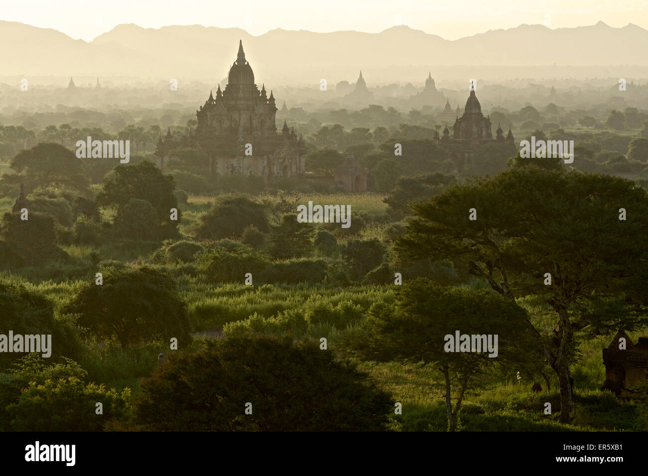 Sunrise at the pagodas at Old Bagan, Myanmar, Burma Stock Photo