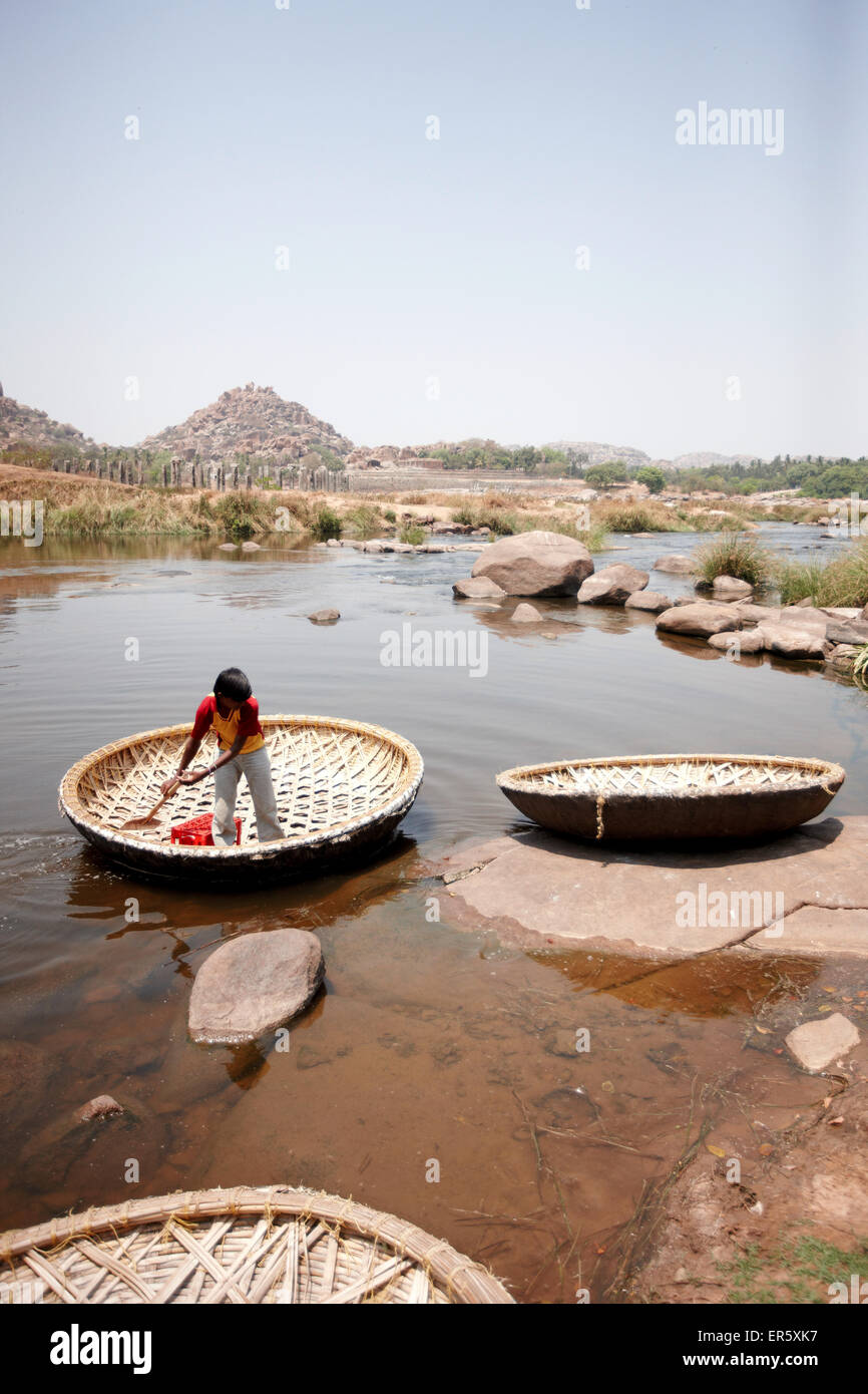 Traditional round Coracle rowing boats, Tungabhadra River, Hampi