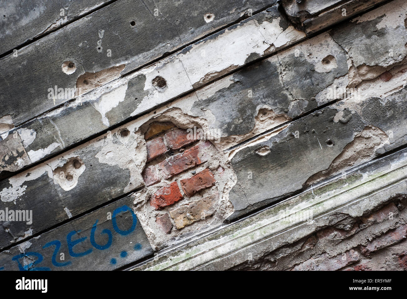 Bullet holes of an occupied apartment building damaged in World War II, Hoza street, Warsaw, Poland, Europe Stock Photo