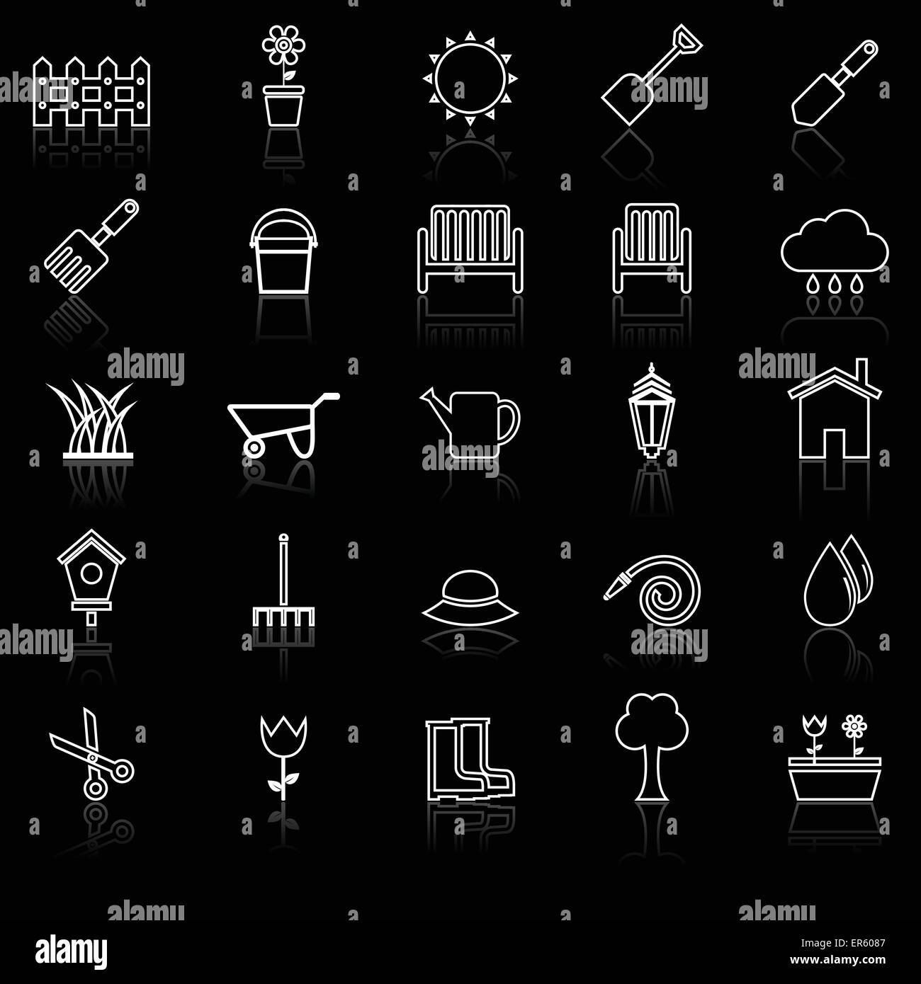 Gardening line icons with reflect on black, stock vector Stock Vector ...