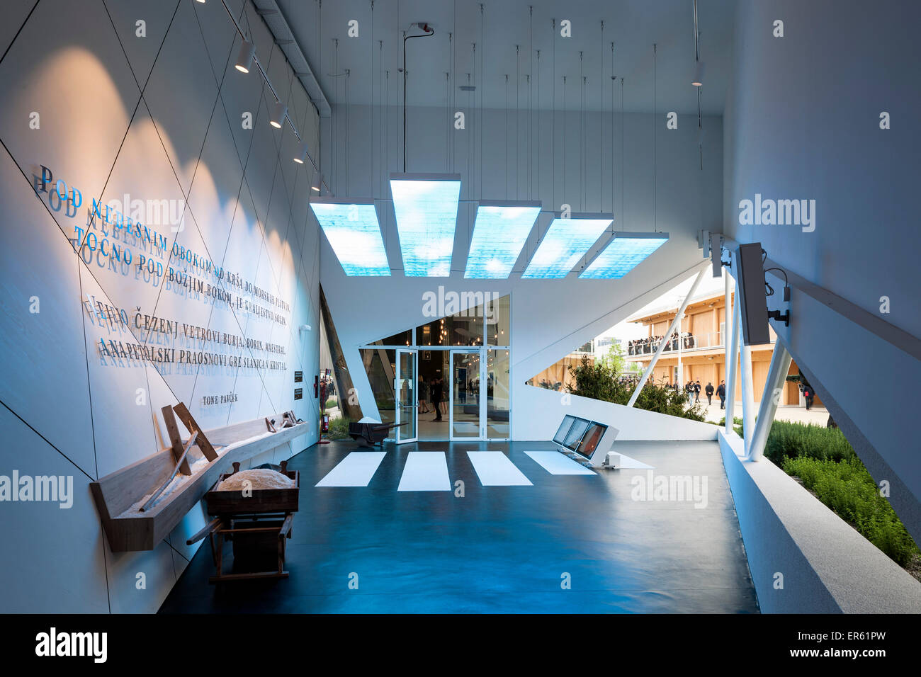 Themed exhibition room with view through window Milan Expo 2015 Slovenia Pavilion Milan Italy Architect SoNo Arhitekti 20 Stock Photo