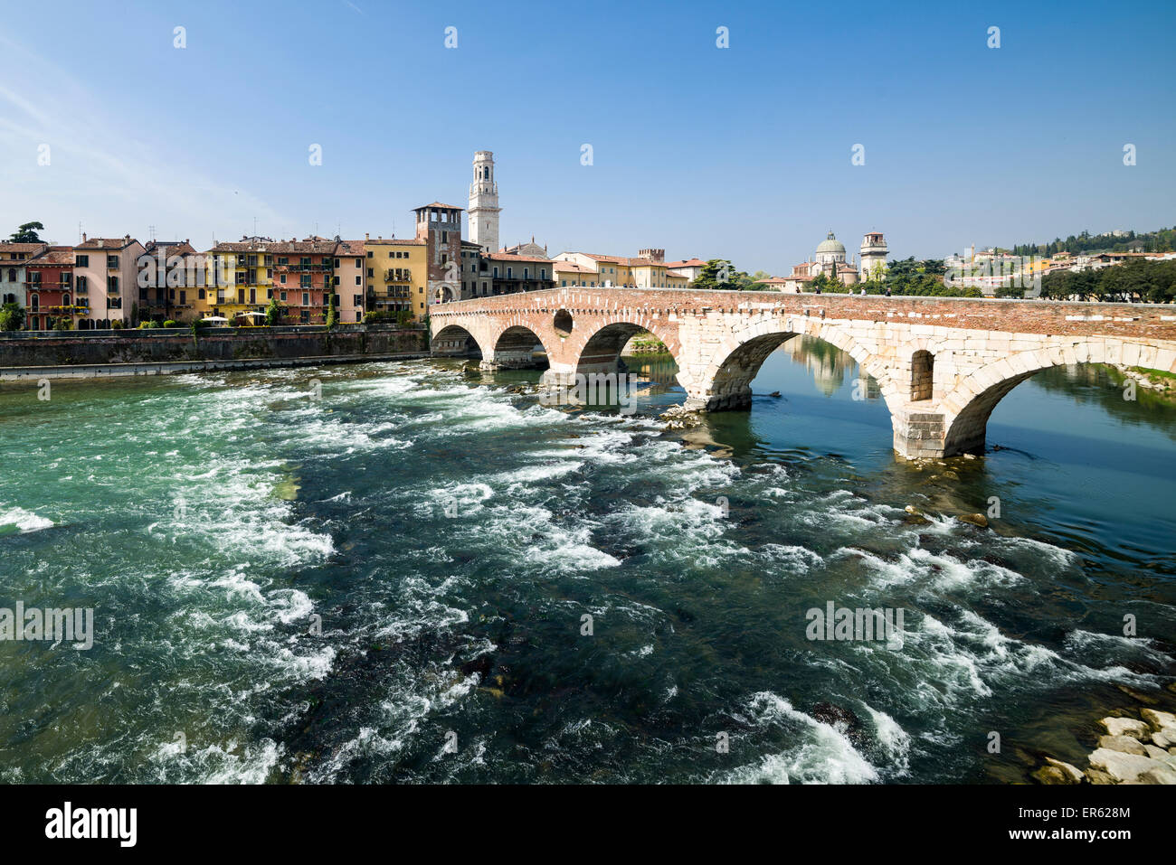 Ponte Pietra bridge, river Adige, Verona, Italy Stock Photo