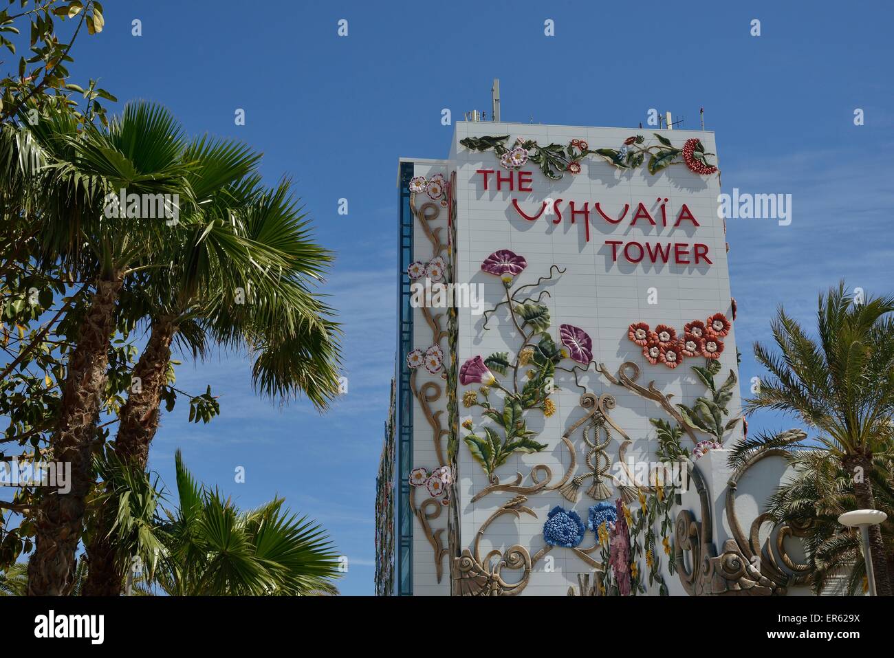 Ushuaia Tower of the Ushuaia Beach Club, Playa d'en Bossa, Ibiza, Balearic Islands, Spain Stock Photo
