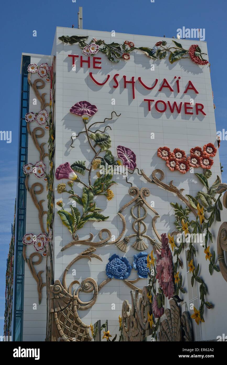 Ushuaia Tower of the Ushuaia Beach Club, Playa d'en Bossa, Ibiza, Balearic Islands, Spain Stock Photo