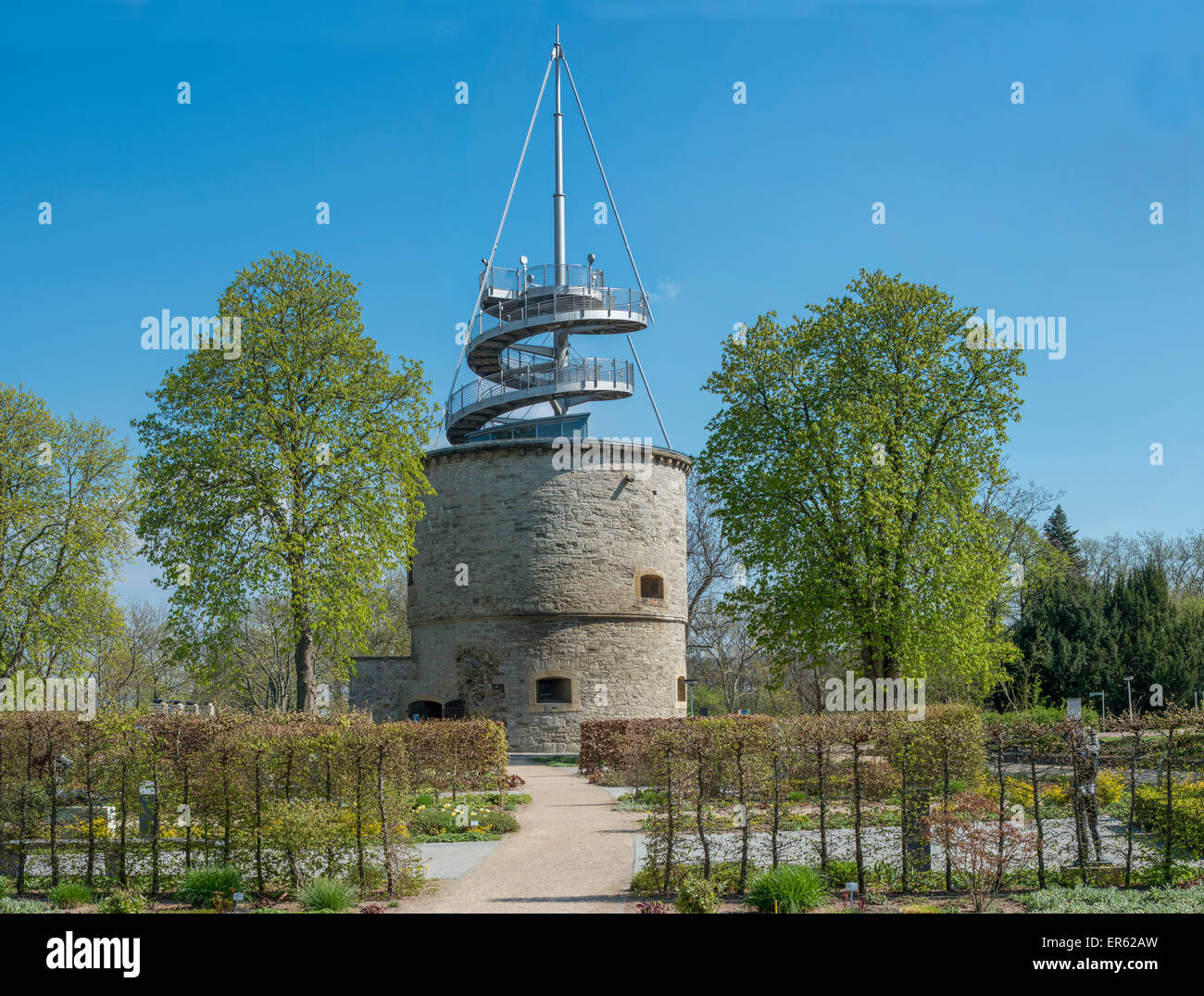 Lookout tower in egapark, 1530 turret of the citadel Cariaksburg, built on to in 1999, BUGA 2021, Erfurt, Thuringia, Germany Stock Photo