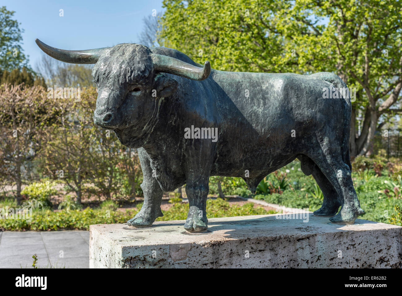Bronze sculpture, highland bull by Heinrich Drake, erected in 1961, egapark, BUGA 2021, Erfurt, Thuringia, Germany Stock Photo