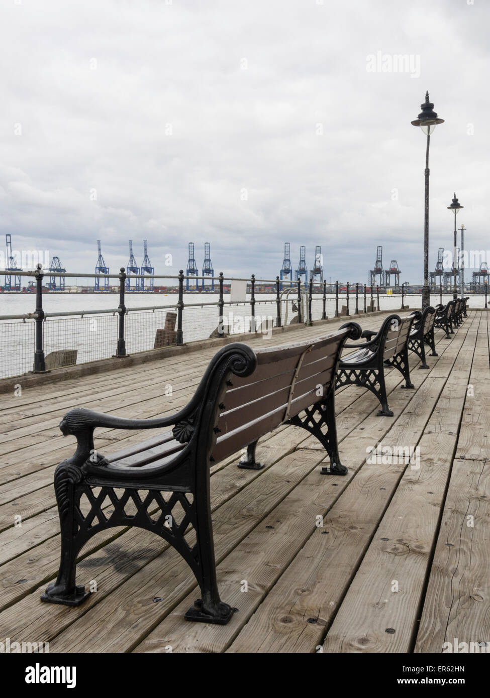 View along Halfpenny Pier in Harwich towards Felixstowe docks Stock Photo