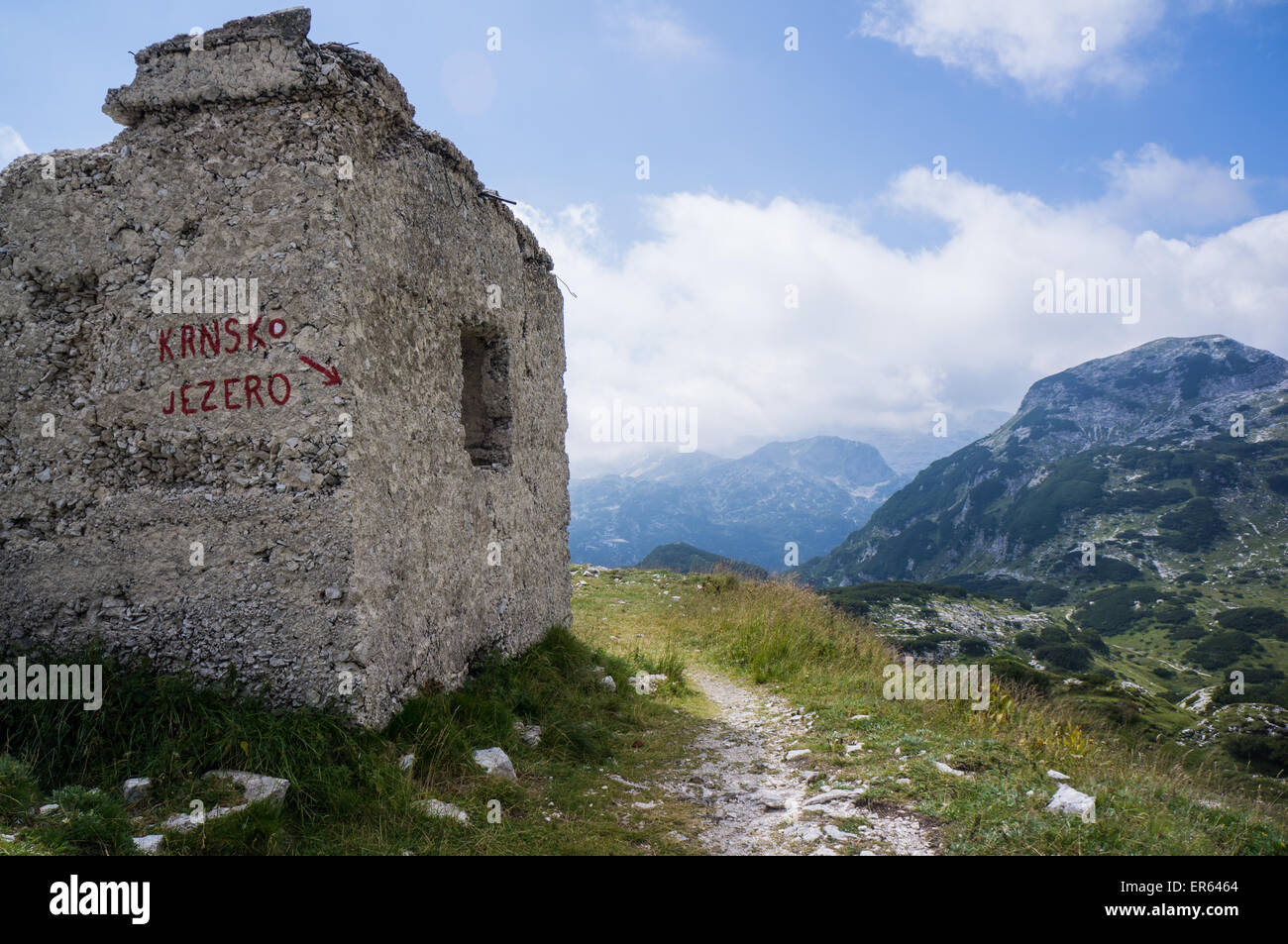 Julian Alps in Slovenia. Sign for Krn lake on the Bogatinska vratca. Stock Photo