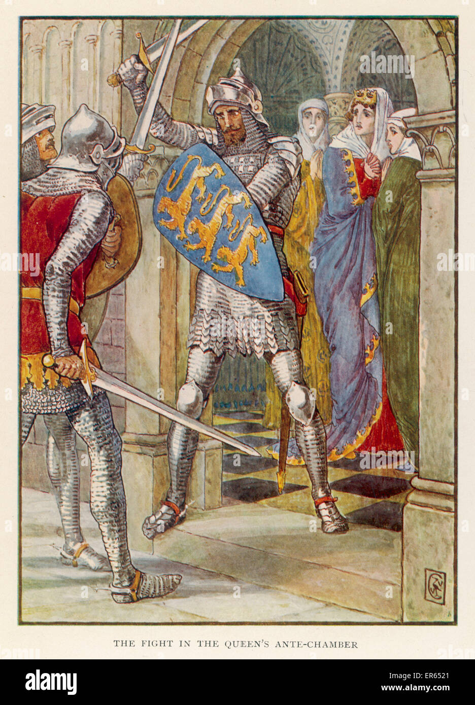 Sir Lancelot rescues Queen Guinevere (in her anti- chamber) from Sir Mador. Stock Photo
