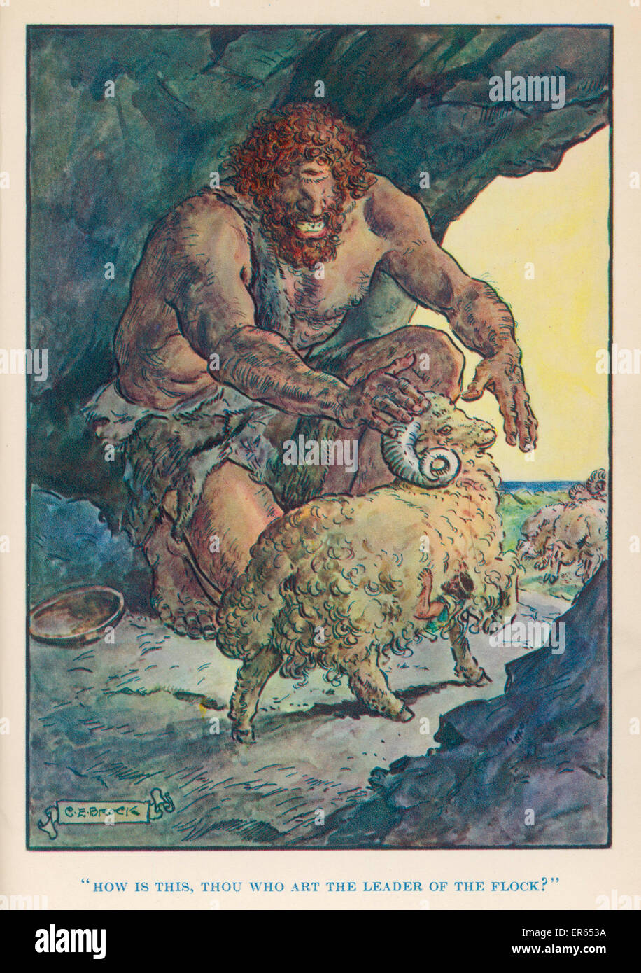 Odysseus escapes from the cave of Polyphemus the Cyclops (who has now been blinded) by clinging to the underbelly of a ram. Stock Photo