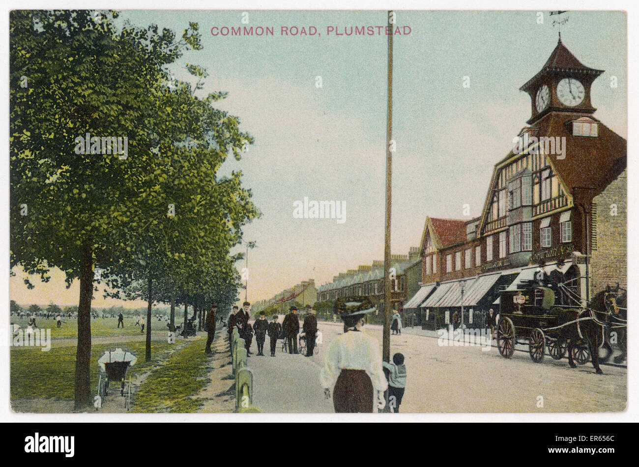 Plumstead Common Road, showing (on the right, with the clock tower), the newly opened Links (1904) branch of the Royal Arsenal Co-Operative Society, still a Co-Op today  circa 1905 Stock Photo