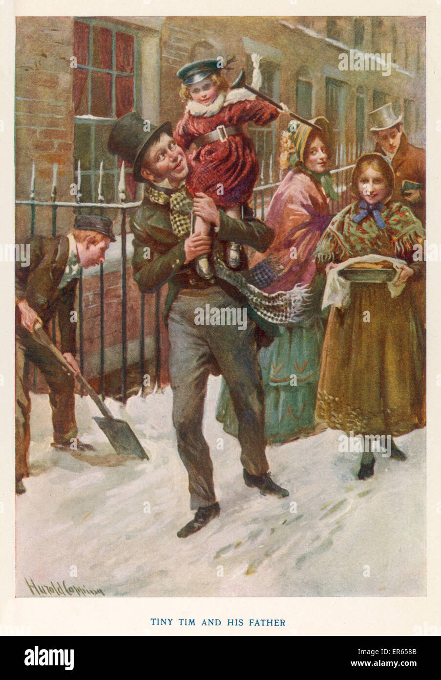 Happy at the prospect of a hearty Christmas dinner, due to the generosity of the reformed Ebenezer Scrooge, Bob Cratchit carries his son Tiny Tim on his shoulder!  First published 1843 - 1844 Stock Photo
