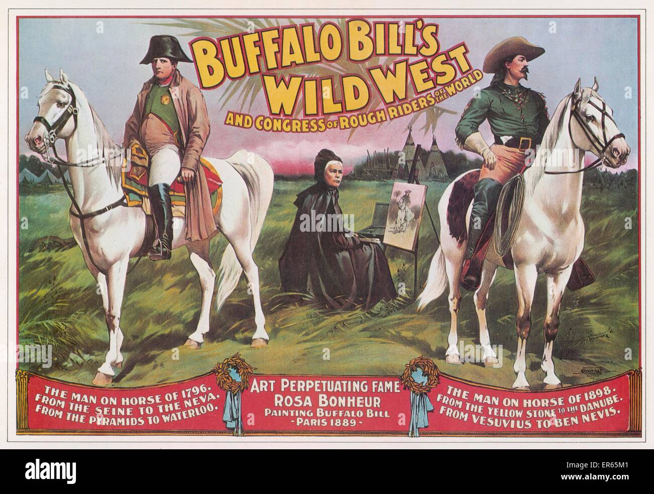 BUFFALO BILL'S WILD WEST SHOW Bill Cody's 'rough rider' extravaganza, featuring scenes of Napoleon, and an 'onstage artist', Rosa Bonheur.  circa 1898 Stock Photo