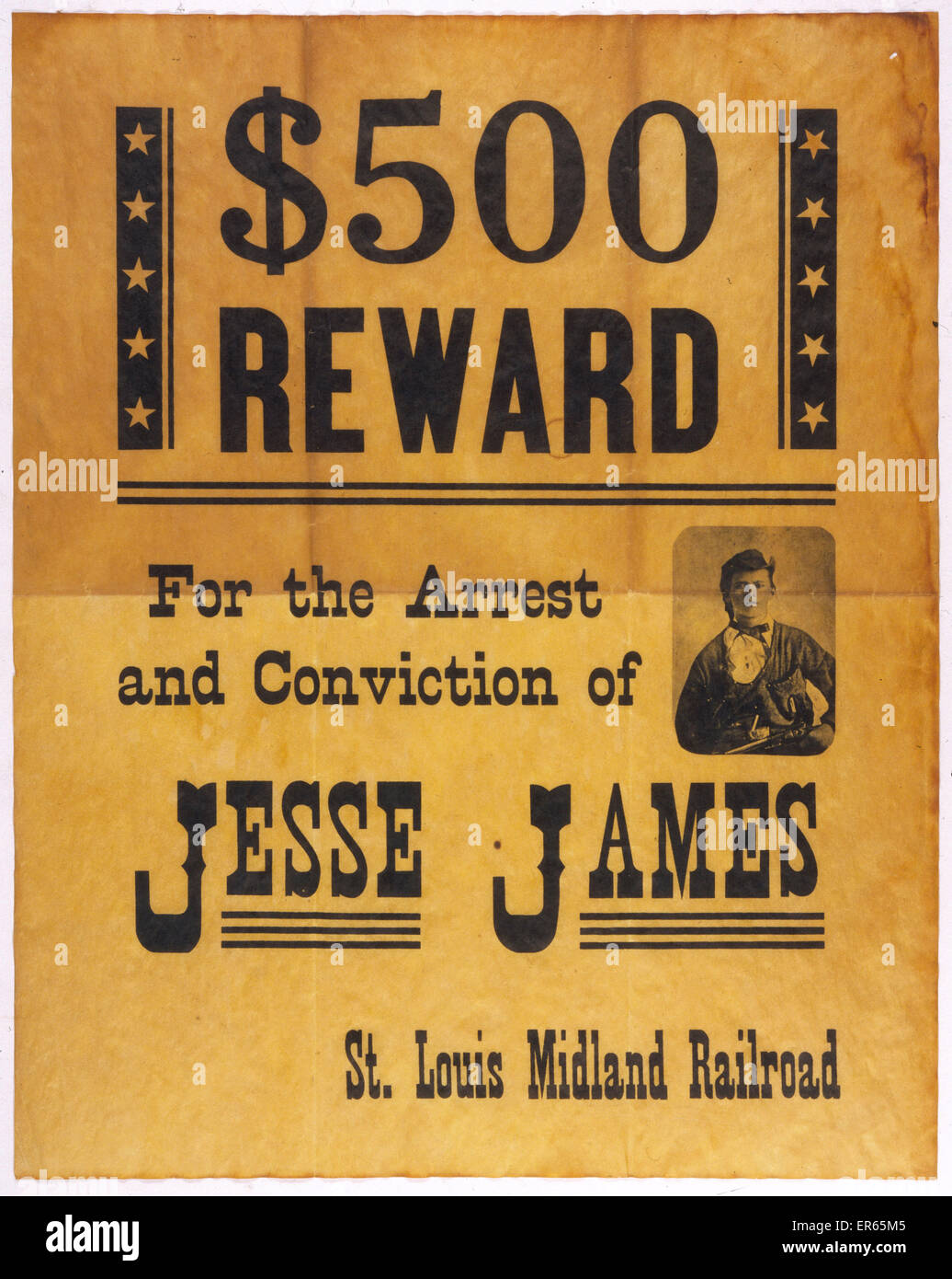 $500 reward for the arrest and conviction of Jesse James (offered by St. Louis Midland Railroad company); a wanted poster for the famous outlaw  circa 1870 Stock Photo