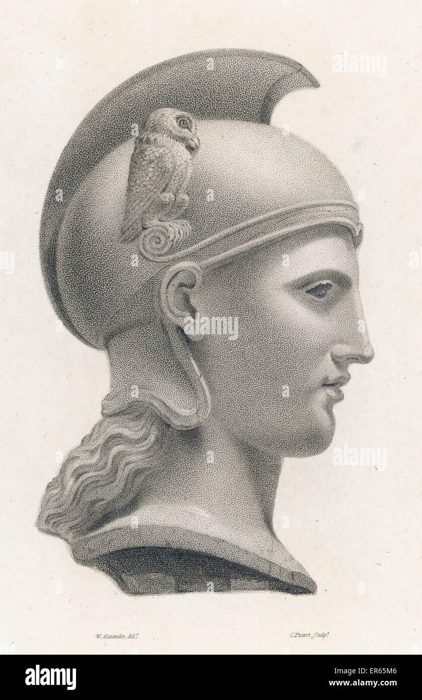 A colossal head of Minerva, an example of very early Greek sculpture. The goddess is shown in a heavily restored form with later additions of a helmet crest and owl motifs.  1812 Stock Photo