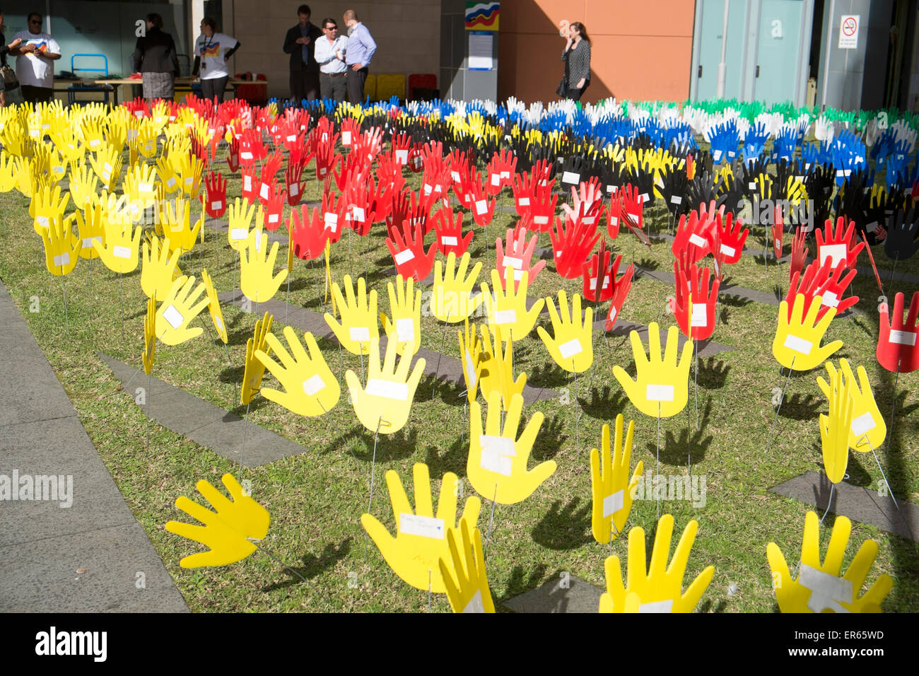 Sydney, Australia. 28th May, 2015. This national event brings together Aboriginal and Torres Strait Islander peoples with other Australians and is framed around the 1967 referendum on rights and the 1992 High Court mabo decision on native land title.Here Sea of Hands display in Chippendale,Sydney Credit:  model10/Alamy Live News Stock Photo