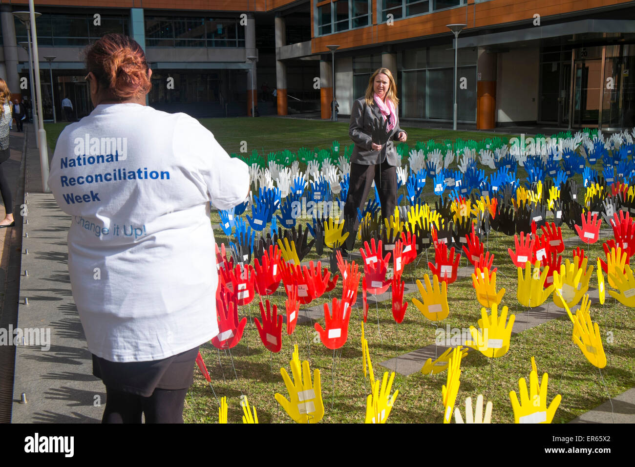Sydney, Australia. 28th May, 2015. This national event brings together Aboriginal and Torres Strait Islander peoples with other Australians and is framed around the 1967 referendum on rights and the 1992 High Court mabo decision on native land title. Here Sea of Hands display in Chippendale,Sydney Credit:  model10/Alamy Live News Stock Photo