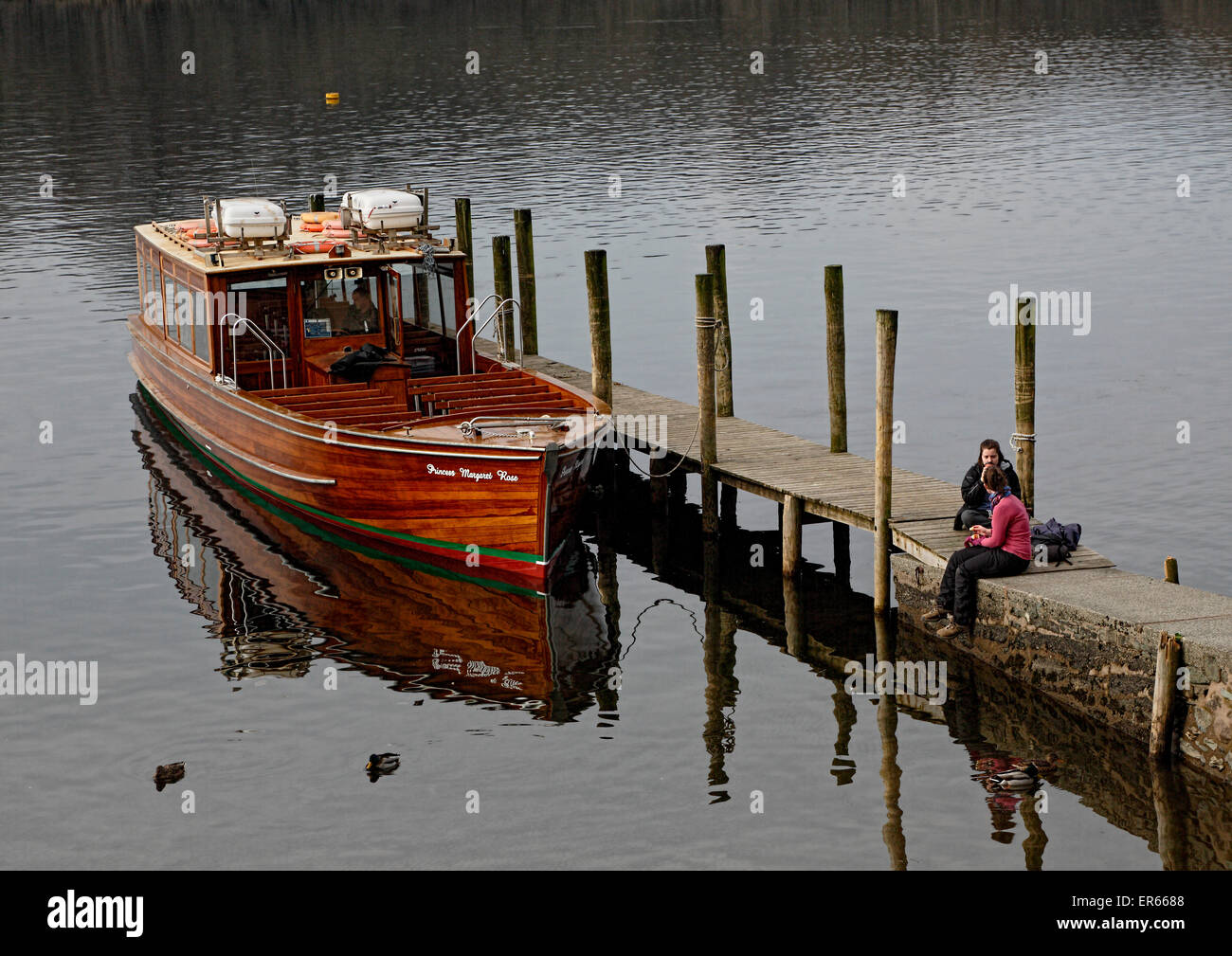 Keswick Landing Stage with lake passenger boat moored Stock Photo