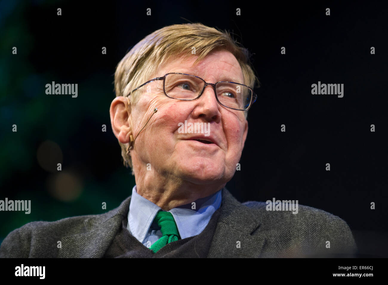 Alan Bennett playwright speaking on stage at Hay Festival 2015 Stock Photo