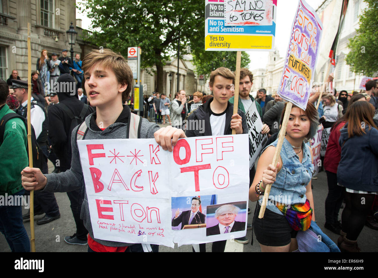 London, UK. Wednesday 27th May 2015. Students demonstrate in Westminster against Tory Party cuts. The protest was focussed on a  Stock Photo