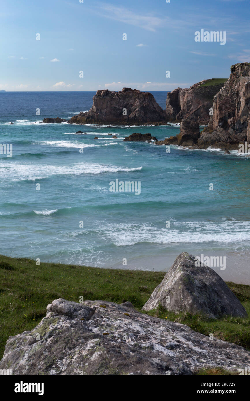 Mangersta or Mangurstadh beach and sea stacks on the Isle of Lewis and Harris, Outer Hebrides, Scotland. Stock Photo