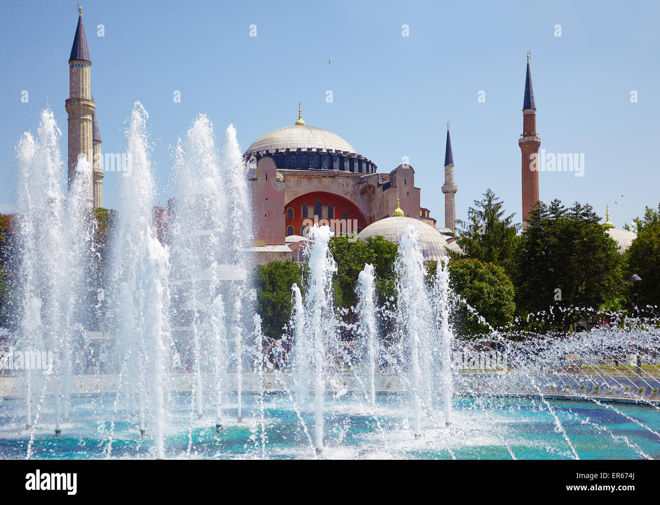 The view of fountain in Sultan Ahmet Park with Hagia Sophia in the ...