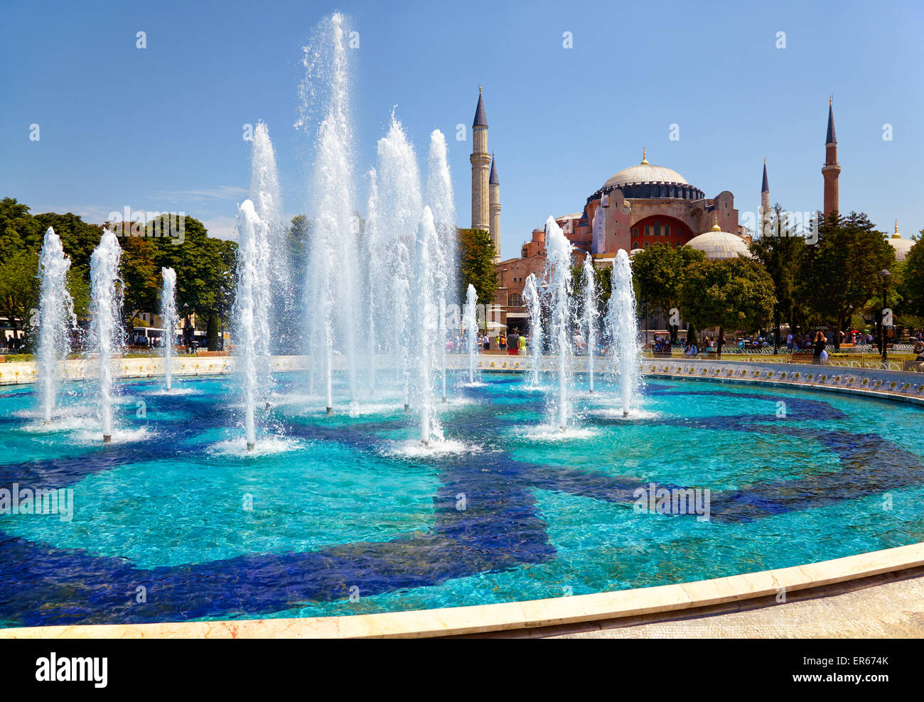 The view of fountain in Sultan Ahmet Park with Hagia Sophia in the ...