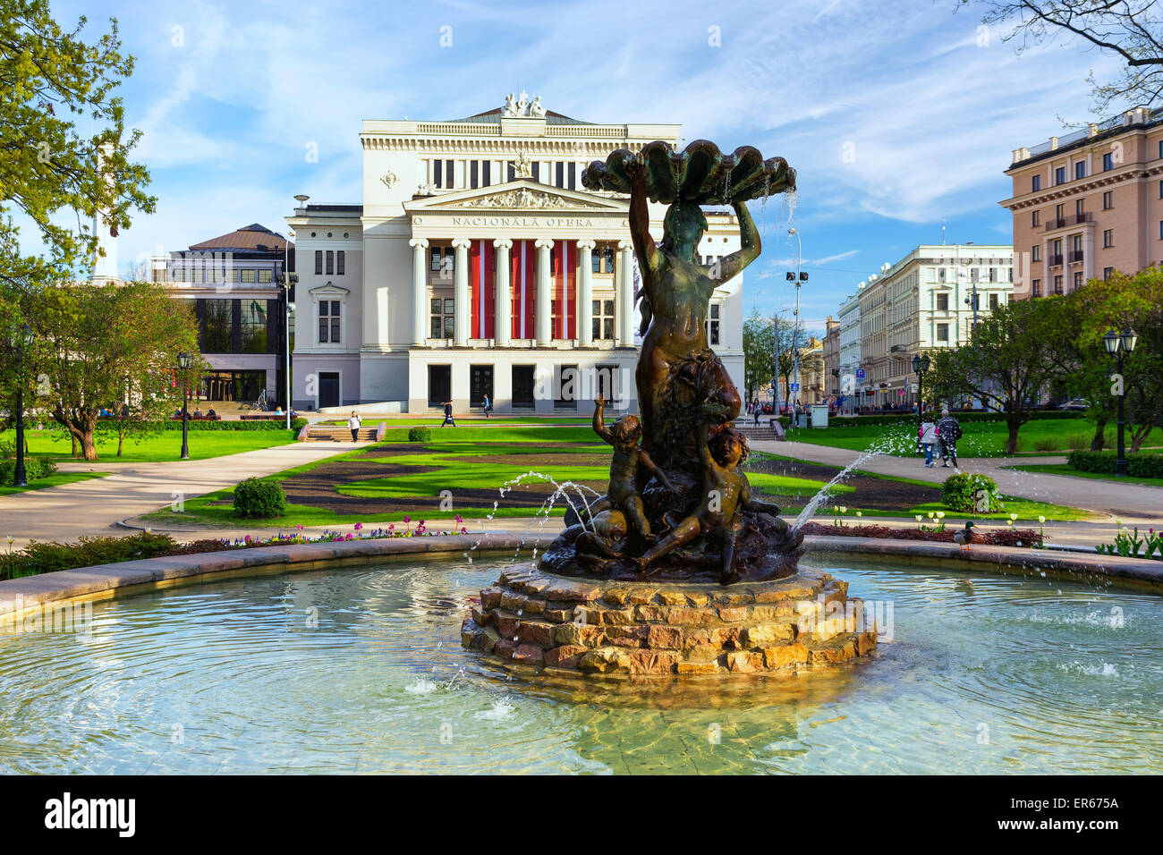 The fountain at the Opera and Ballet Theater in Riga in early spring on ...