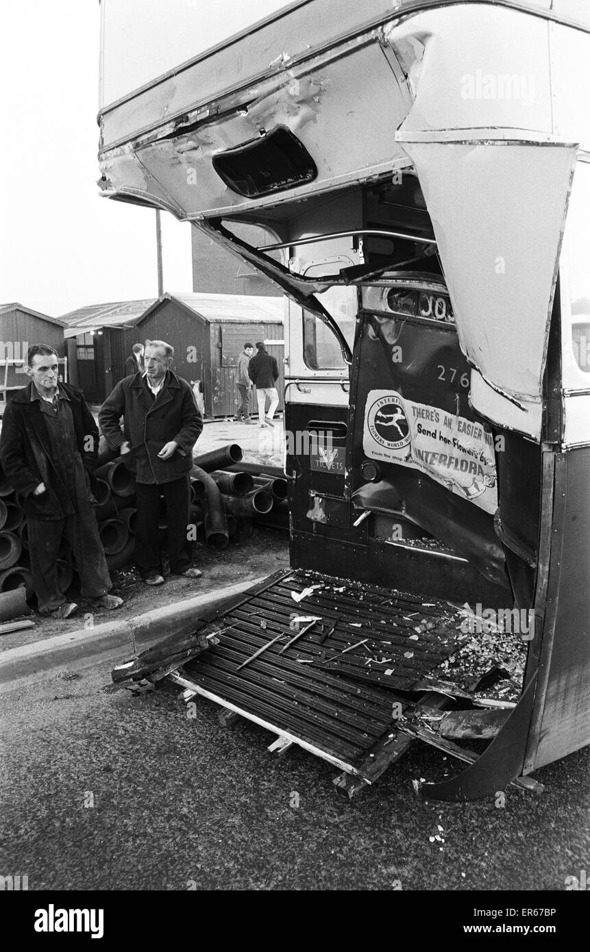 The platform of the number 28 bus which collided with an Inter City Transport lorry on the Chester Road, Castle Vale, trapping the conductress Janet Nicholls. 8th March 1968 Stock Photo