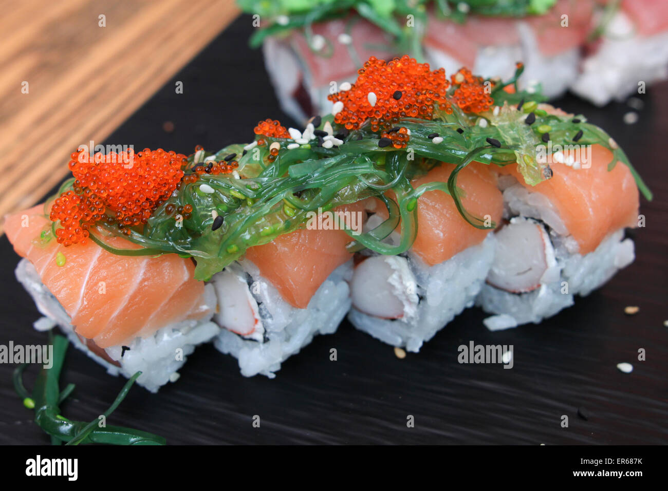 salmon sushi rolls Stock Photo
