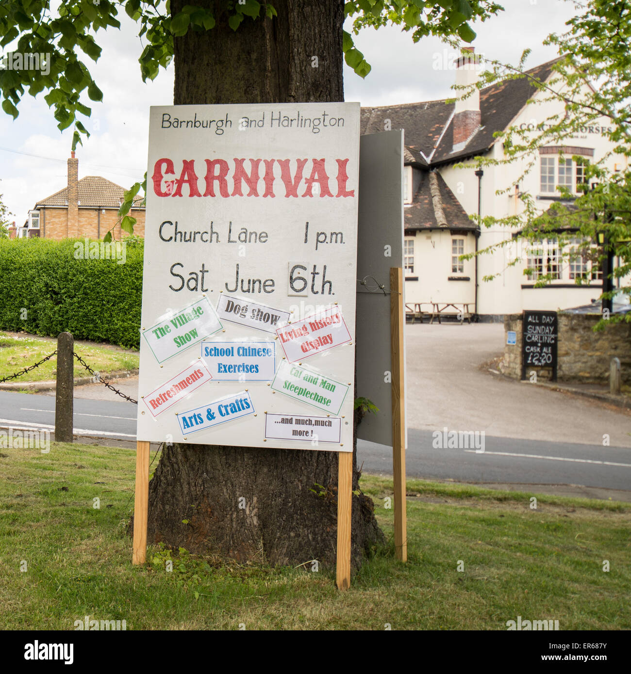 Sign in the village of Barnburgh advertising traditional village carnival of Barnburgh and Harlington,  South Yorkshire, England Stock Photo