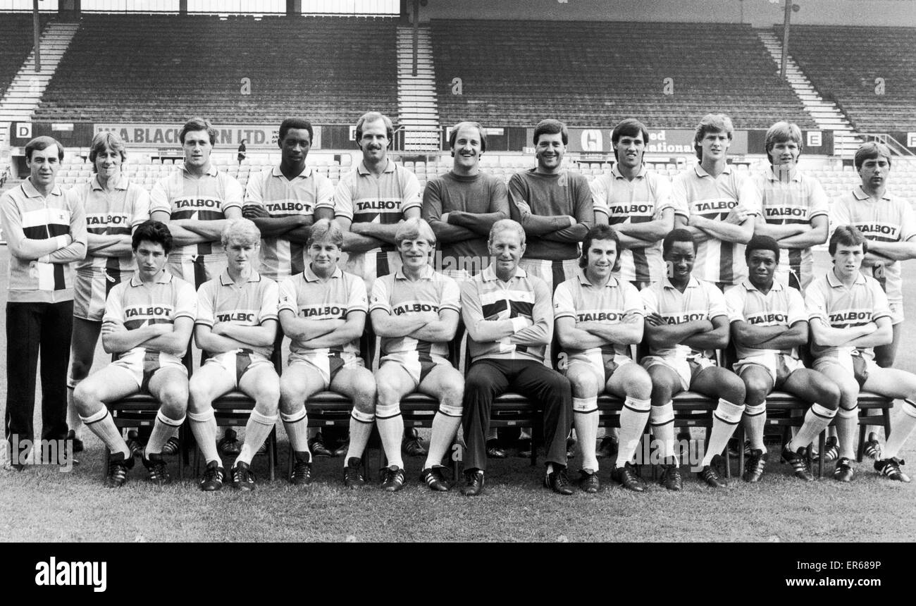 Coventry City first team photo. Back Row (left to right): George Dalton (Physiotherapist) Gerry Daly, Steve Whitton, Garry Thompson, Paul Dyson, Jim Blyth, Les Sealey, Mark Hateley, Gary Gilllespie, Ian Butterworth, Steve Jacobs. Front Row: Tom English, M Stock Photo
