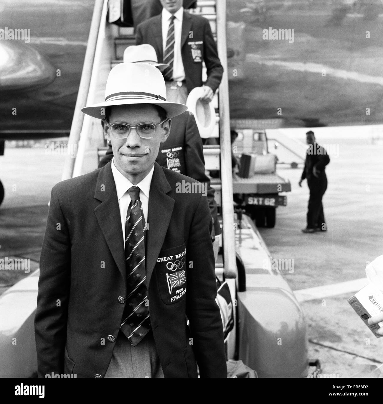 Don Thompson, British athlete, pictured on his return from the Olympic Games, 12th September 1960. He was the only British man to win a gold medal at the 1960 Summer Olympics, held in Rome, in the men's 50 km walk. Stock Photo