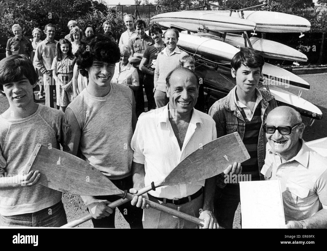 Friends and relatives turn out in force at Hipswell Highway Fire Station to give the canoeists a good send off. Secretary of Coventry Sports for the disabled, Len Tasker (right) says au revior to (left to right) Paul Case, Garry Walker, Carl Oakley and Ma Stock Photo