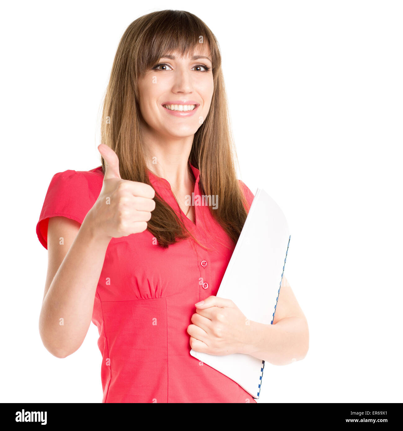 Young pretty business woman holding folder and showing thumbs up. Happy ...