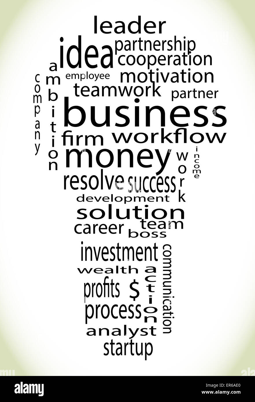 Wordcloud business lightbulb. Process think innovate bulb idea success solution innovation tag Stock Photo