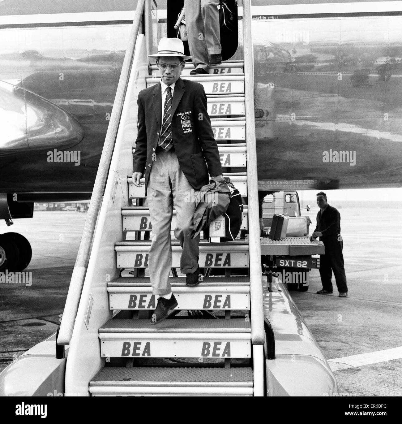 Don Thompson, British athlete, pictured on his return from the Olympic Games, 12th September 1960. He was the only British man to win a gold medal at the 1960 Summer Olympics, held in Rome, in the men's 50 km walk. Stock Photo