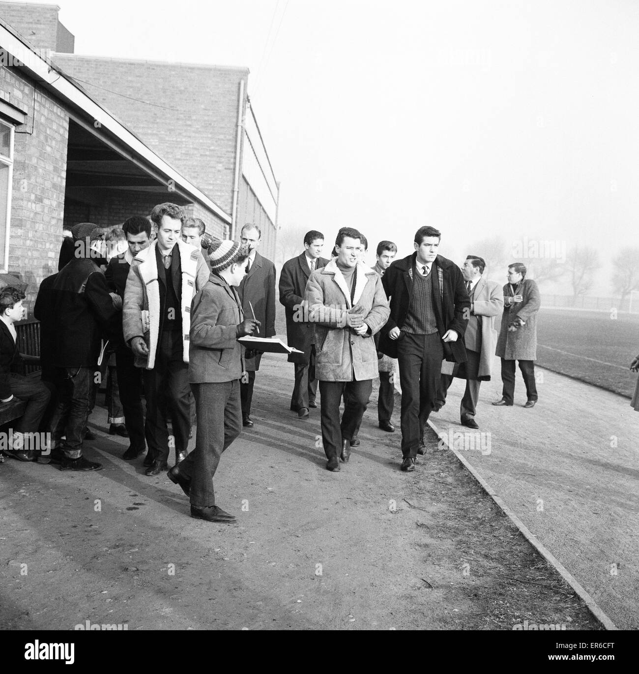 West Bromwich Albion Players stage a second walk out from training in 24 hours, Friday 20th December 1963.THE WALKOUT . . . (left to right) Alec Jackson, Brion Macready, Bobby Crom, Don Howe, Roy Potter, Graham Williams, Jock Bannister and Tony Millington Stock Photo